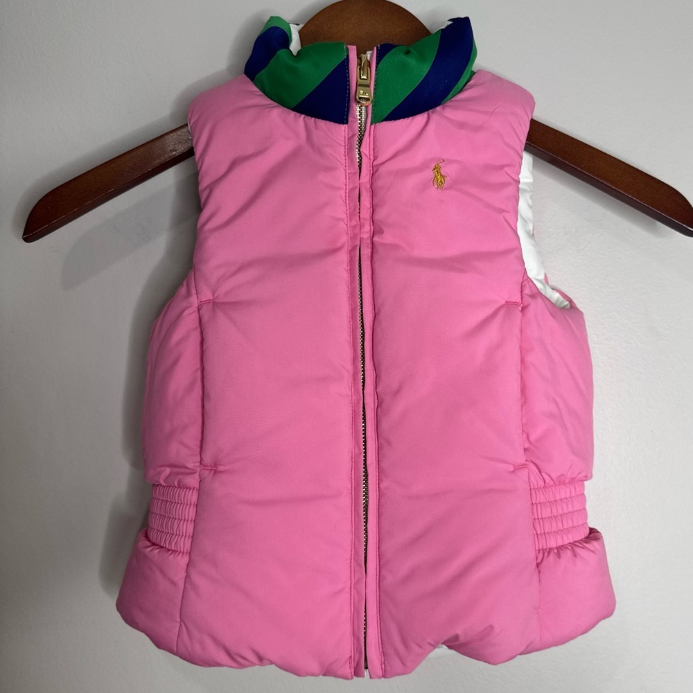 Polo Ralph Lauren 3T Reversible Down Puffer Vest‎ Pink White Preppy Piny Logo